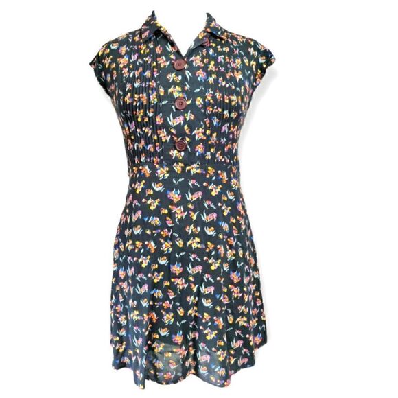 🔥 UO URBAN OUTFITTERS BLACK MULTI COLOR PRINT BUTTON MINI SHIRT DRESS TUNIC S - Picture 1 of 6